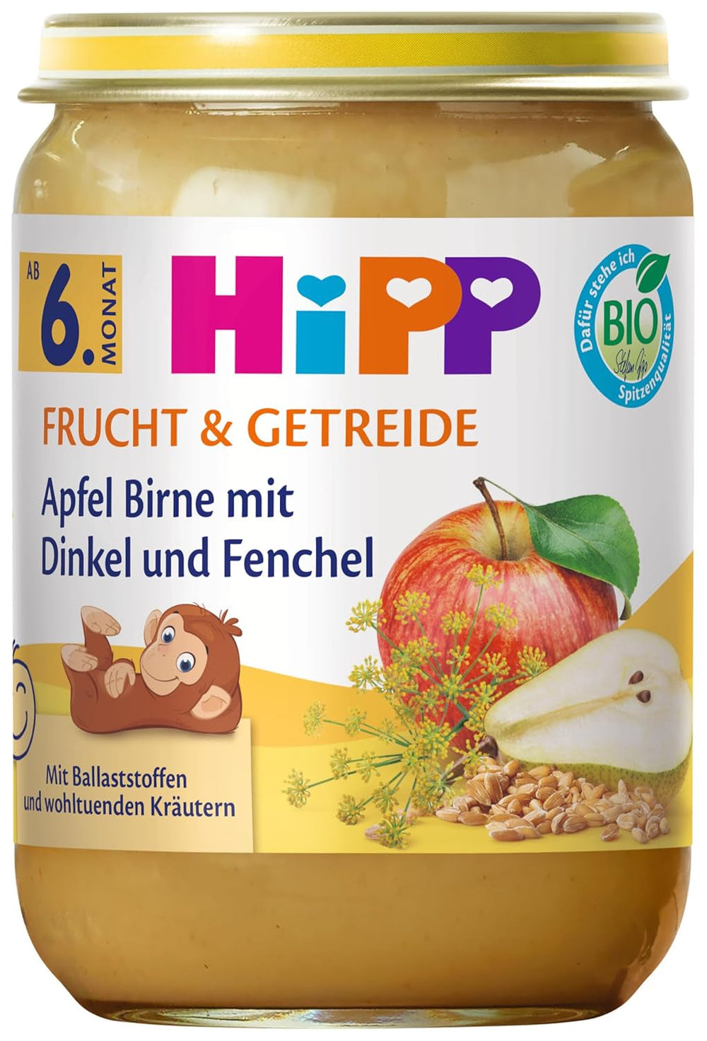 HiPP Bio Apfel Birne mit Dinkel und Fenchel (6 x 190g), ab 6. Monat, mit Bio-Vollkorngetreide und wohltuenden Kräutern, nur natürliche Süße aus Früchten, in bester Bio-Qualität