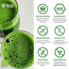 Matchatherapy 30+ | Ceai Matcha organic pudră | 60 g | Cu un conținut verificat de cel puțin 30 mg/g de catechină EGCG | Susține sistemul imunitar și nivelul de energie | Calitate ceremonială | Ceai verde din Japonia