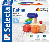 Jucărie de prins locomotivă Selecta, 8,5 cm, lemn, 6 luni - 3 ani, locomotivă cu inele zornăitoare Jucarii Bebe Naty Shop Titlu implicit