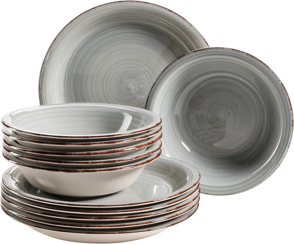 Set de veselă MÄSER pentru 6 persoane, aspect vintage modern, serviciu de masă cu 12 piese, pictat manual, albastru, gresie, albastru fumuriu (Bel Tempo II)