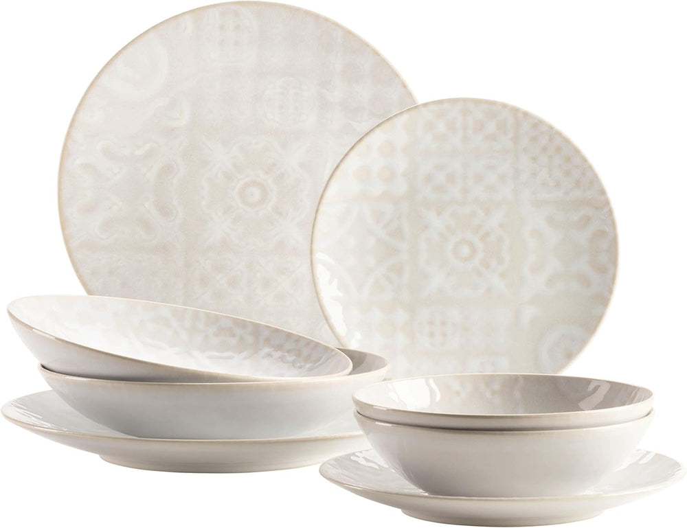 MÄSER 935079 Set de veselă vintage modern pentru 2 persoane, design maur, serviciu de masă cu 8 piese, farfurii și boluri din ceramică de înaltă calitate, gresie, alb