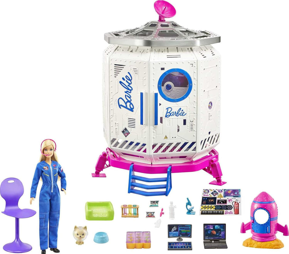 Barbie GXF27 - Stație Spațială Aventură Spațială, Păpușă Spațială, Cățeluș, Stație de Lucru, Scene Spațiale, 20 de Accesorii, Jucărie Cadou pentru Copii cu Vârsta de 3 Ani și Peste