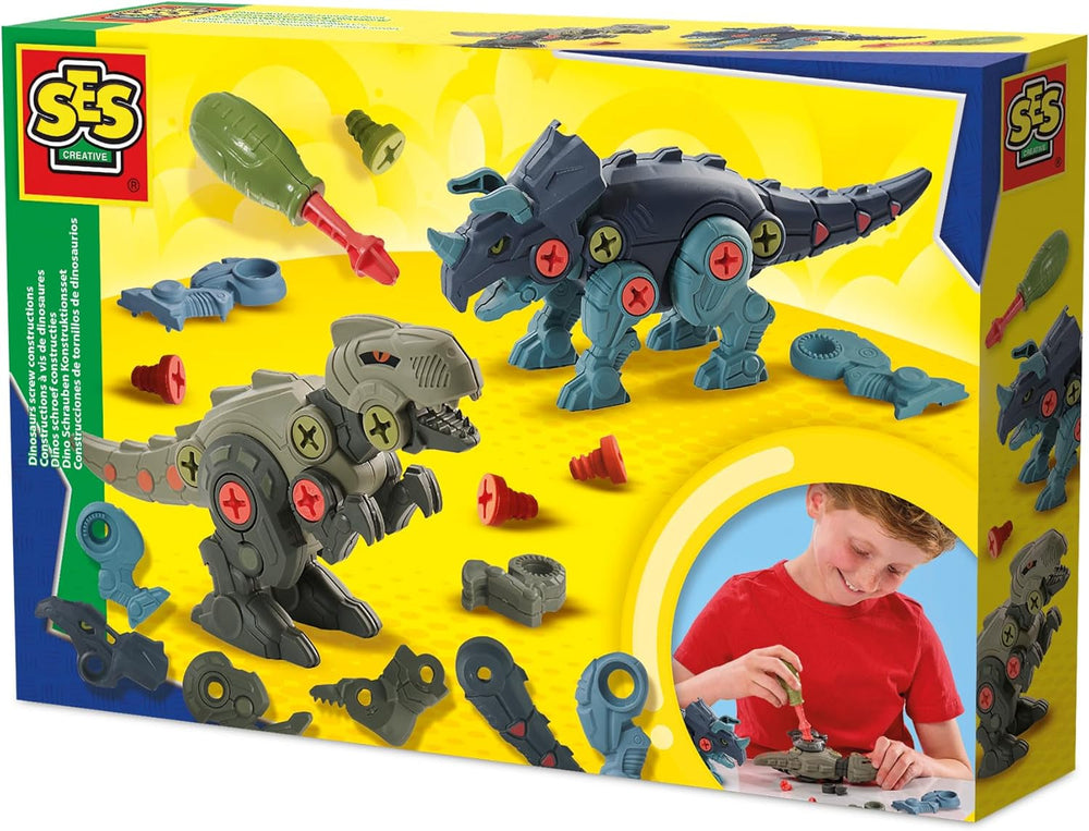 SES Creative 14291 Dino-Schraubkonstruktionen - Kreatives Bauset für Kinder ab 5 Jahren - Baue einen T-Rex und Triceratops - Fördert Problemlösungsfähigkeiten und Spaß, Weiß