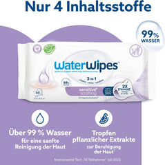 Șervețele umede WaterWipes Sensitive+ Soothing Clean, 720 bucăți (12 pachete), curățare, îngrijire și calmare 3 în 1, 99% apă cu extract de plante, șervețele umede pentru bebeluși fără parfum