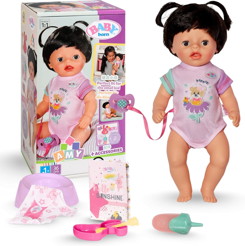 BABY Born Amy - 36cm große Puppe - Babypuppe mit 7 Funktionen für Kleinkinder ab 1 Jahr - Funktioniert ohne Batterien - Inkl. Accessoires & Strampler