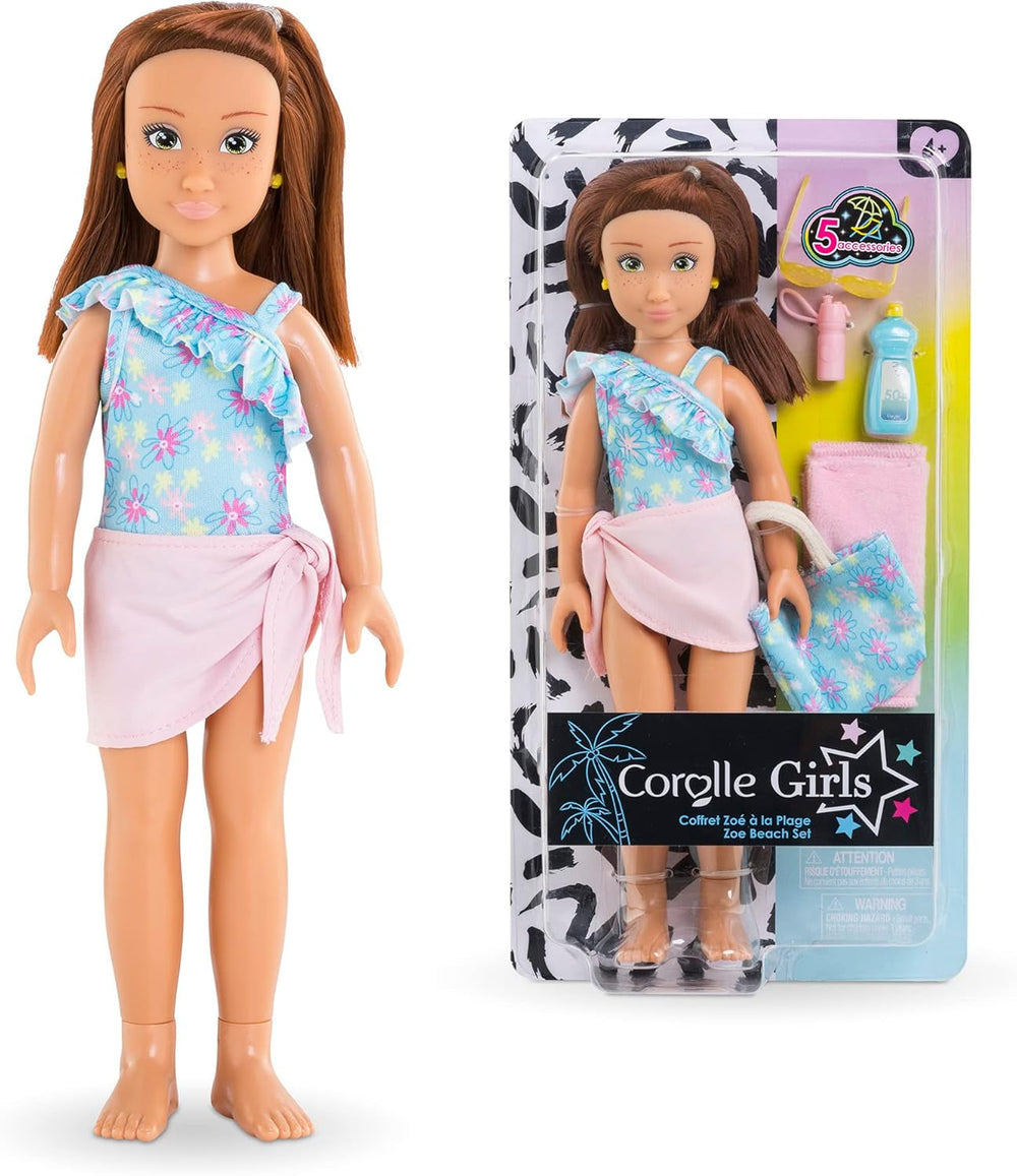 Corolle Girls Zoe Beach Set, Ankleidepuppe im süßen Beach Outfit und 5 Teile, Vanilleduft, 28cm, ab 4 Jahre