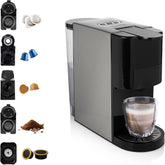 Espressor multicapsule Princess 5 în 1 – Compatibil cu Nespresso, Dolce Gusto, Lavazza a Modo Mio și ESE Pads, capacitate 0,8 l, 1450 W, argintiu, negru