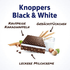 Alb-Negru – 2 x 200 g (2 x 8 bucăți) – Felii de napolitană umplute cu napolitane cu cacao neagră, bucăți de aluat neagră, lapte și cremă de nuga