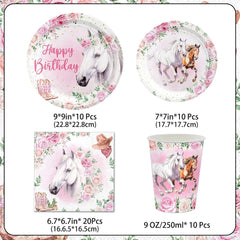 Set de petrecere cu 51 de piese, farfurii de hârtie cu cai roz, pahare, șervețele, pentru copii, fete, băieți, decorațiune de masă cu cai pentru ziua de naștere