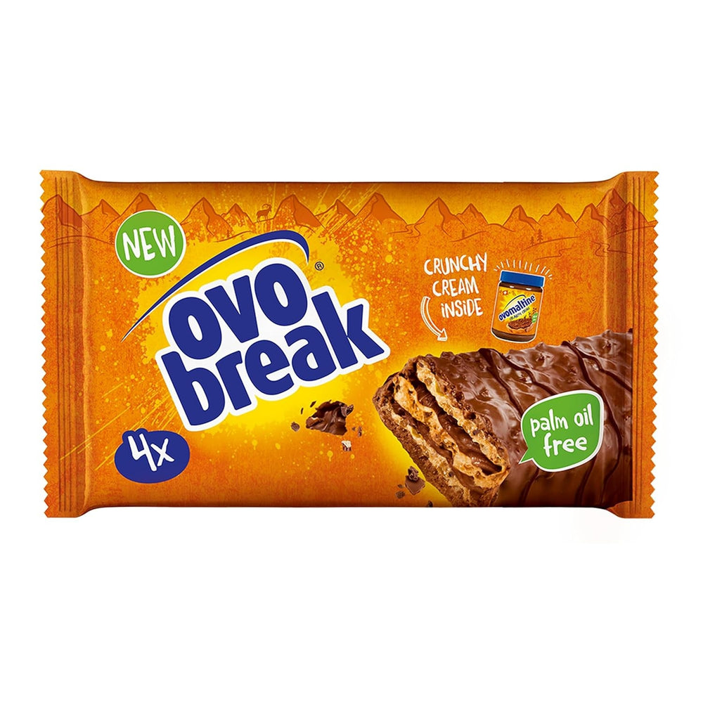 Ovomaltine OVO BREAK Napolitană și Baton de Ciocolată - o gustare crocantă cu gustul inconfundabil al popularei noastre Creme Crocante, natural fără ulei de palmier (4 x 39g)