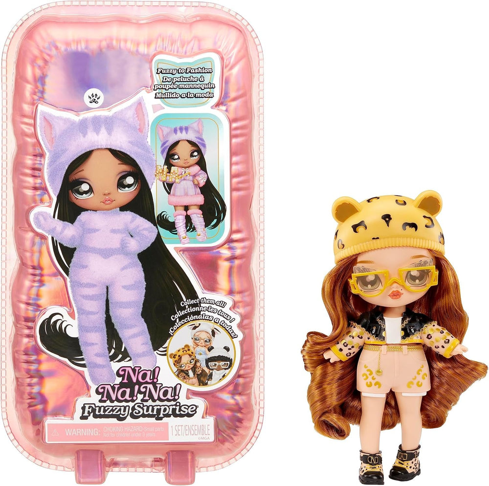 NA! NA! NA! Surprise Fuzzy Surprise Serie 1 - JENNEL Jaguar - 18 cm posierbare Modepuppe - Jaguar-inspiriert mit beflocktem Körper, Beanie, Brille, Outfit, und Schuhe - Spielzeug für Kinder ab 4+