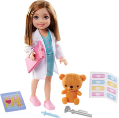 Barbie Chelsea Karriere-Spielset mit brünetter Chelsea-Puppe als Ärztin (ca. 15cm), Klemmbrett, EKG-Lesegerät, Pflaster, 2medizinischen Geräten, Teddybär, tolles Geschenk für Kinder ab 3Jahren, GTN88