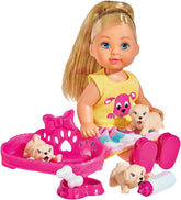 Simba 105733041 - Evi Love Puppy Love, mit DREI Babyhunden, mit Hundekorb und Zubehör, Ankleidepuppe, 12cm, für Kinder ab 3 Jahren