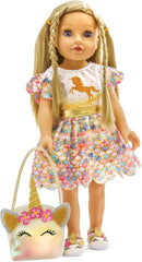 Heless 2231 - Puppenkleidung im Design Einhorn Goldy, Glitzerkleid mit schimmernden Pailletten für Puppen und Kuscheltiere der Größe 35 - 45 cm