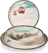 Set de veselă de Crăciun „Winter Escape” din gresie, format din 12 piese – Design nordic de iarnă cu motiv schior – Potrivit pentru mașina de spălat vase și cuptorul cu microunde