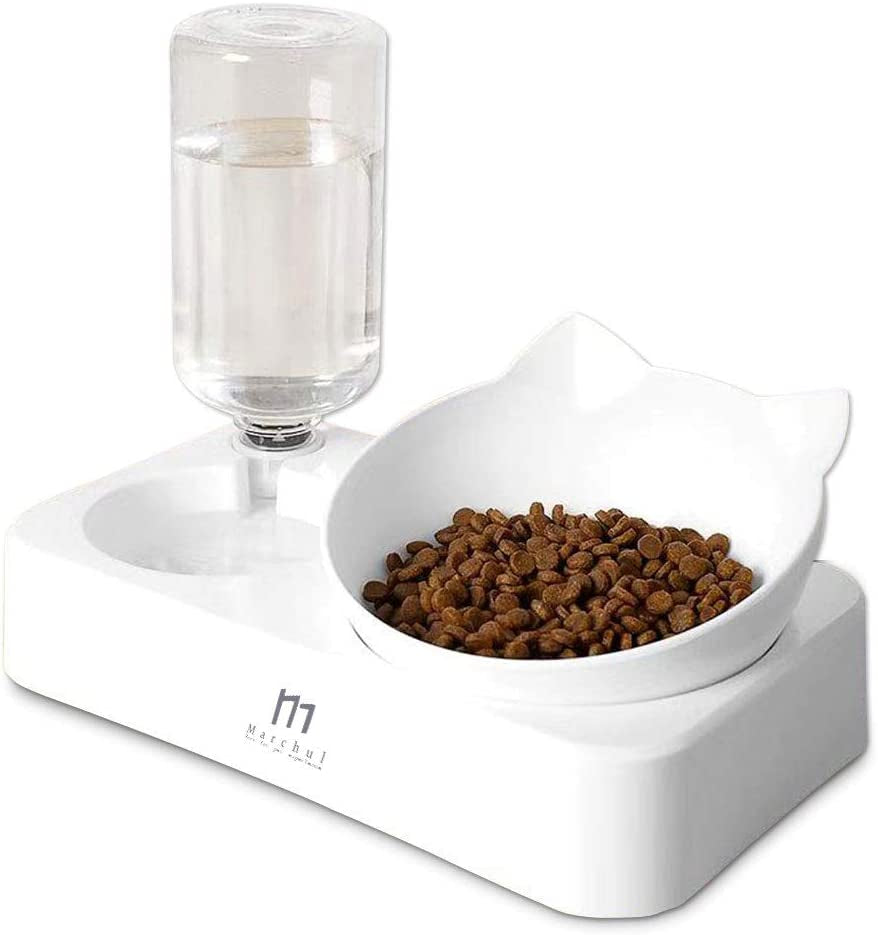 Bol pentru pisici Marchul, înclinabil la 15° cu sticlă de apă automată, bol cu apă înclinabil și ridicat pentru câini și pisici de talie mică și medie