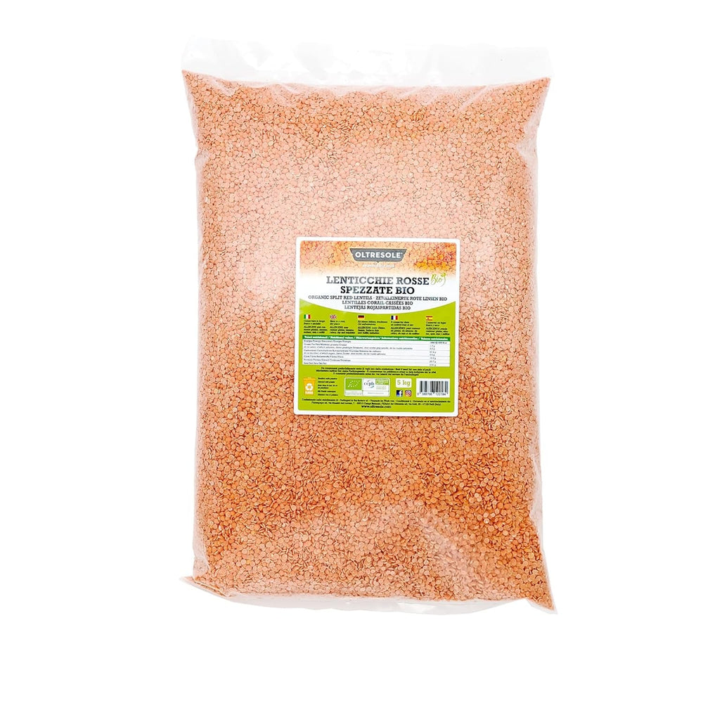 Linte roșie organică, crăpată, 5 kg, leguminoase organice decojite și crăpate, nu necesită înmuiere, sursă de proteine și fibre, pachet economic