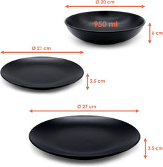 Set de veselă din ceramică fină, negru mat - 18 piese - Set de veselă pentru 6 persoane, inclusiv farfurii pentru tort, farfurii pentru cină, farfurii pentru sumă - Se poate spăla în mașina de spălat vase