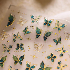 JMEOWIO 3D Nagelsticker Grün Gold Schmetterling Nail Art Sticker Selbstklebend Nagelaufkleber 5D Stereoskopisch Dekoration Nageldesign Zubehör 1 Blatt