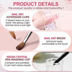 Soluție de îndreptare Polygel, Kit pentru unghii Polygel Slip Solution, Soluție de îndreptare 75 ml, Include 5 cleme pentru vârfuri de unghii, 3 perii de unghii, 1 cupă de cristal, 100 foi de curățare