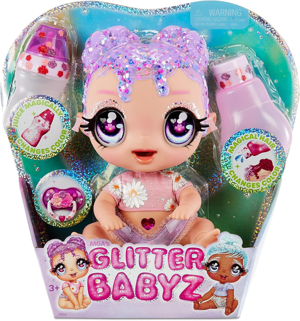 MGA Glitter Babyz - LILA WILDBLOOM - Babypuppe mit 3 magischen Farbwechseln durch eiskaltes Wasser - mit lila Glitzer-Haar, Wildblumen-Outfit, Windel, Flasche und Schnuller - Für Kinder ab 3 Jahren