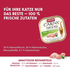 Hrană umedă pentru pisici Adult Pure & Mild cu pui și catnip (32 x 100 g), pentru pisici sensibile, fără cereale și fără zahăr, hrană umedă ușor digerabilă cu pui