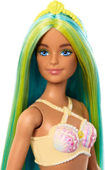 Barbie Meerjungfrau-Puppe mit fantasievollem zweifarbigem Haar in Blau und Gelb, Haarband, Puppe mit Muscheloberteil und türkisfarbener Schwanzflosse, HRR03