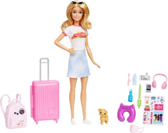 Barbie-Puppe, Reise-Barbie mit blonden Haaren, 10+ Reisezubehör, Aufkleber, Koffer, Welpe, inkl. 1 Puppe, Geschenk für Kinder, Spielzeug ab 3 Jahre,HJY18