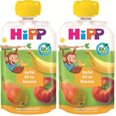 Pliculețe de fructe organice HiPP, stoarcibile, măr, pară, banană - Anton maimuța (8 x 100g), de la 1 an, piure de fructe 100%, fără zahăr adăugat, vegan, de cea mai bună calitate organică (pachet de 2)