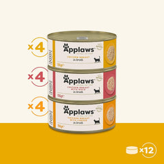 Applaws Hrană umedă premium 100% naturală pentru pisici, pachet multiplu cu pui în bulion - Pachet de 12 conserve x 156 g