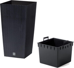 Ghiveci/ghiveci cu aspect de ratan Prosperplast cu insert | 26,5 x 26,5 x 50 cm | antracit | rezistent la intemperii și UV | fabricat din plastic robust | pentru interior și exterior
