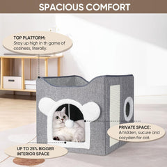 Katzenbetten für Indoor Katzen, Faltbares Katzenhaus, Katzenhöhle 2 Schicht Würfel Großer Raum Katzenbett mit Kratzbrett und Spielball, 15.8 x 15.8 x 15inches