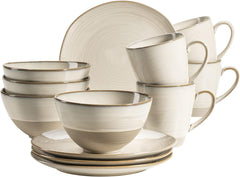 MÄSER 931818 Set de veselă Nottingham Vintage Series pentru 4 persoane, serviciu de mic dejun cu 12 piese cu forme rotunjite neregulate în aspect retro, gresie, bej