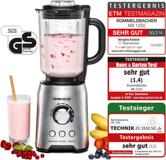 ROMMELSBACHER Standmixer MX 1250-22.000 U/Min, Stufenlose Drehzahlregulierung, Funktionstasten (Smoothie, Clean/Pulse, Ice Crush), Glaskrug, Edelstahlgehäuse, Spezialmesser, 1200 Watt Bucatarie Naty Shop