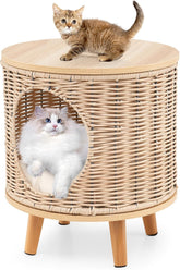 Katzenhaus Rattan, Katzenmöbel mit Holzbeinen & weichem Kissen, 3 in 1 Katzenhöhle Fußhocker Nachttisch, Katzenbett stabil bis 30 kg für Wohnzimmer Schlafzimmer