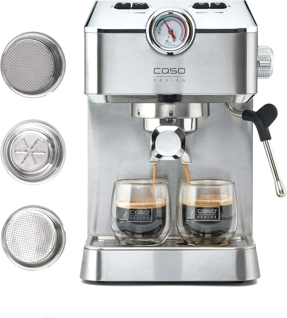Caso Espresso Gourmet - Espressor portafiltru din oțel inoxidabil, pompă Ulka puternică de 19 bari, cu spumator de lapte, pentru cafea măcinată sau capsule de cafea ESE, pentru 2 cești, cu încălzitor de cești