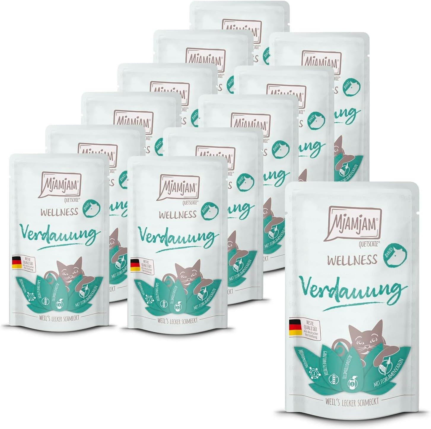 MjAMjAM - Hrană umedă premium pentru pisici - Wellness - Digestivă - Vită, pachet de 12 (12 x 125g), fără cereale