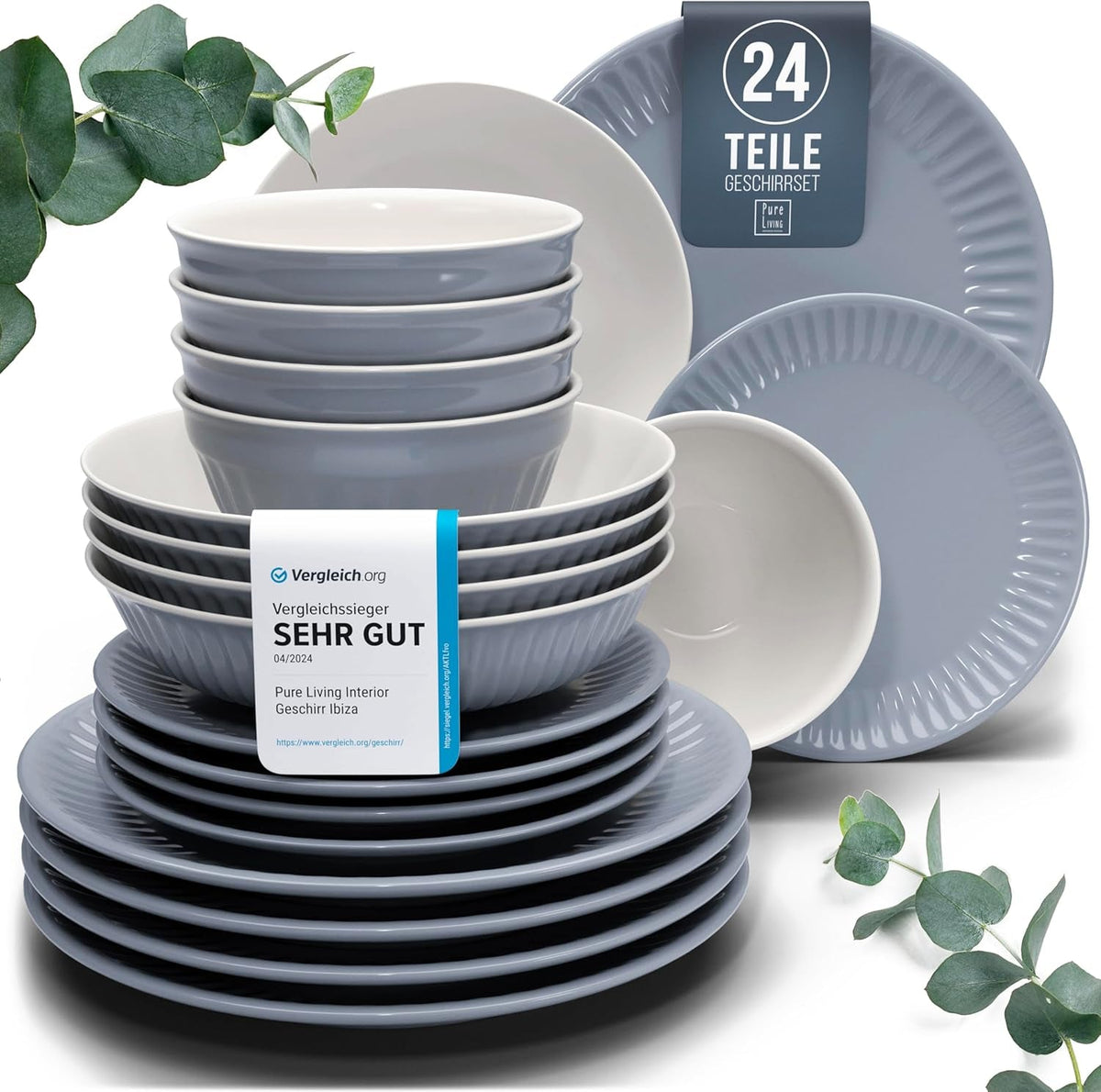 Set de veselă din gresie pentru 6 persoane, Hygge, 24 de piese. CÂȘTIGĂTOR AL TESTULUI, Set de veselă din gresie scandinavă Dreamy, set de boluri și farfurii, serviciu de cină pentru 6 persoane, seturi de veselă Pure Living în gri-albastru