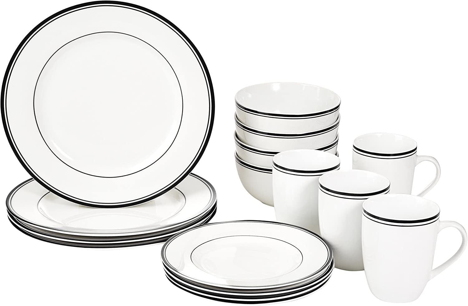 Set de veselă Amazon Basics Cafe cu margine neagră, 16 piese, pentru 4 persoane