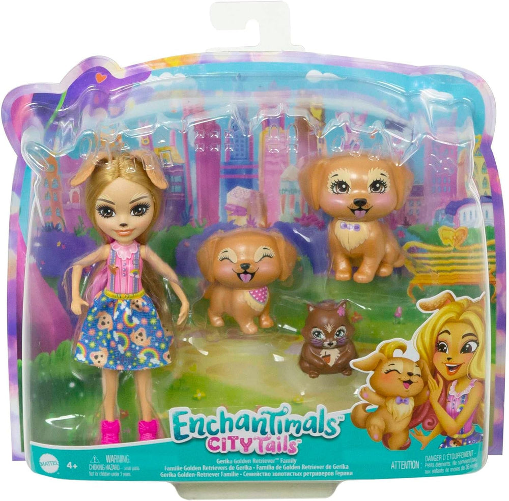Enchantimals City Tails Gerika Golden Retriever Familie - Puppe mit 3 Tierfiguren, abnehmbarem Rock und Schuhen, fördert fantasievolles Spielen, für Kinder ab 4 Jahren, HHB85