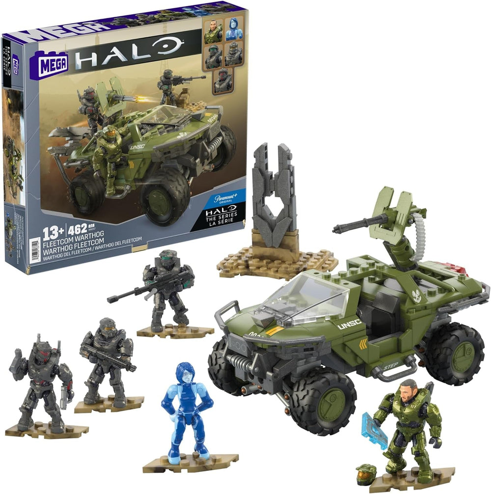 MEGA Halo Flotteneinsatzkommando Warthog - mit authentischen Details und aktivem Federungssystem, inklusive 5 beweglicher Sammelfiguren, 469 Bausteine und Teile, ab 13 Jahren, HNC57