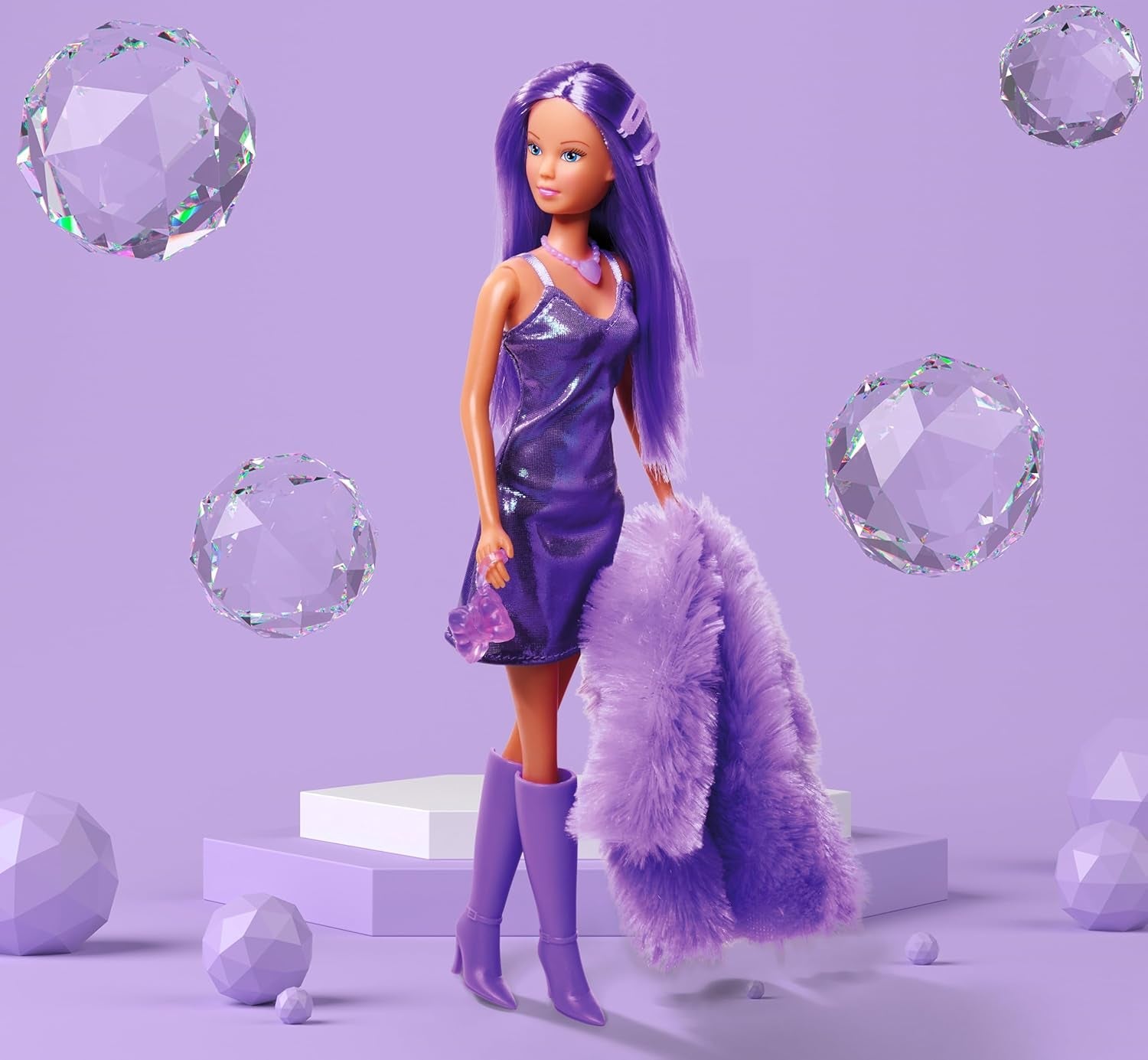 Simba Steffi Love Fluffy, Puppe im Gürtelkleid mit Felljacke und tollem Modezubehör, 29cm Spielpuppe, ab 3 Jahren