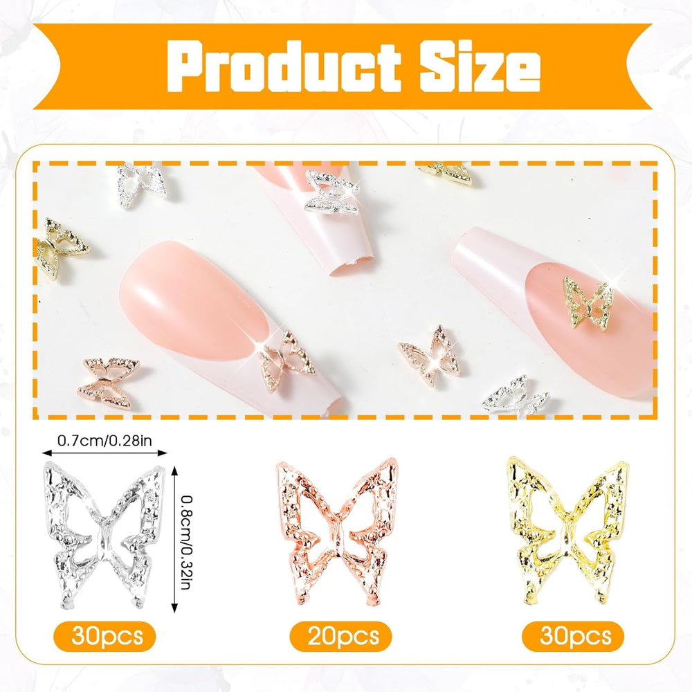 80 de bucăți de pandantive pentru unghii fluture 3D, din aliaj, formă de fluture, auriu, argintiu, strălucitoare, decorațiuni pentru unghii, accesorii pentru bijuterii pentru unghii, manichiură DIY pentru femei