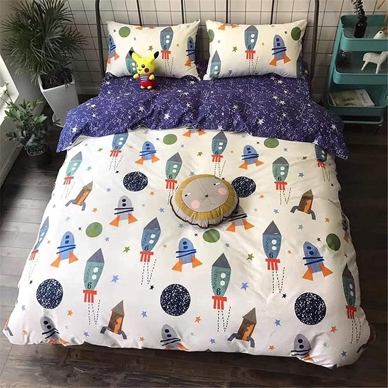 Lenjerie de pat pentru copii, rachete si planete, design reversibil, bumbac Lenjerie de pat - copii Naty Shop