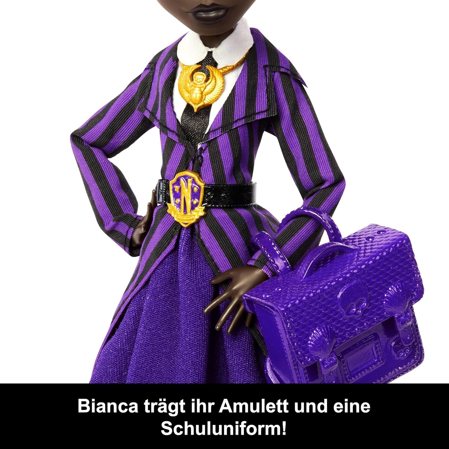 Monster High x Wednesday-Puppe mit Zubehör, Bianca Barclay-Sammelfigur in der Uniform der Nevermore Academy mit Sirenen-Amulett, Rucksack und Puppenständer, JDR71