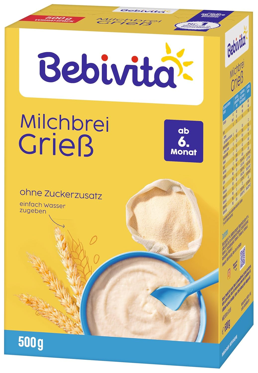 Terci de griș cu lapte (4 x 500g), hrană pentru bebeluși de la 6 luni, fără zahăr adăugat, cu minerale și vitamine valoroase, foarte sățios