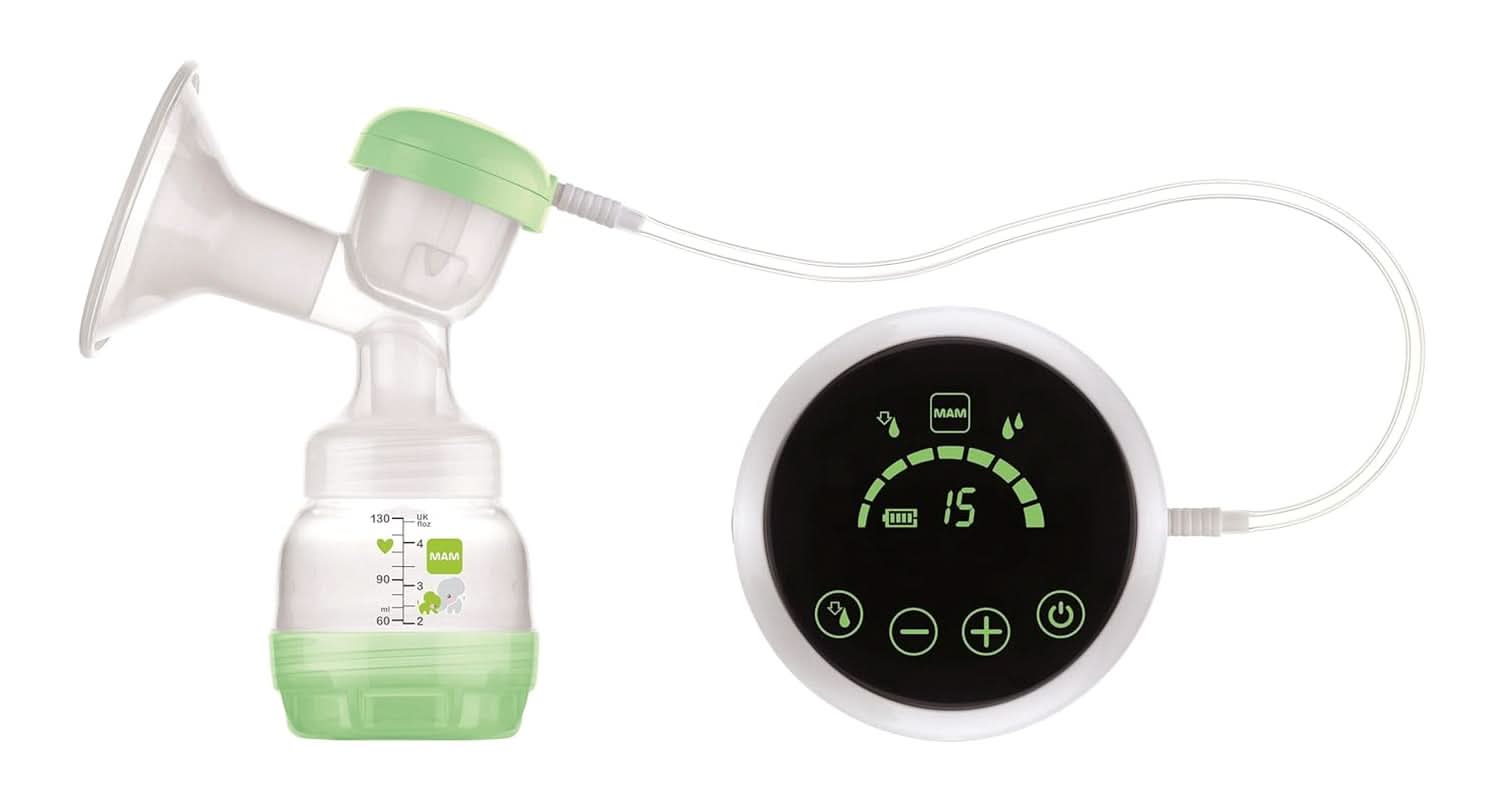 Pompă de sân 2 în 1 electrică și manuală MAM, îndepărtare directă din biberon sau recipient de conservare, stimulare și îndepărtare, afișaj digital Accesorii Hrana si Alaptare Bebe Naty Shop