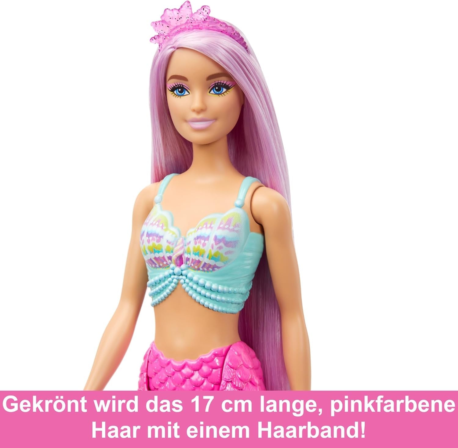 Barbie Meerjungfrauen-Puppe - mit Langen rosa Haaren und Accessoires für individuelles Styling, inklusive Bürste, wunderschönes Muscheloberteil und Pinker Schwanzflosse, für Kinder ab 3 Jahren, HRR00