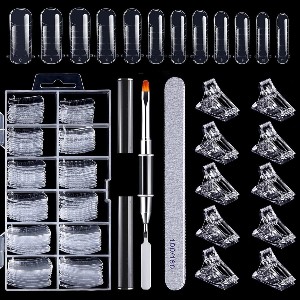 Set de 120 de forme pentru unghii, extensii de unghii, forme cu gel pentru unghii, set de forme pentru unghii cu perie cu două capete și pilă pentru unghii cu cleme, pentru unghii cu gel