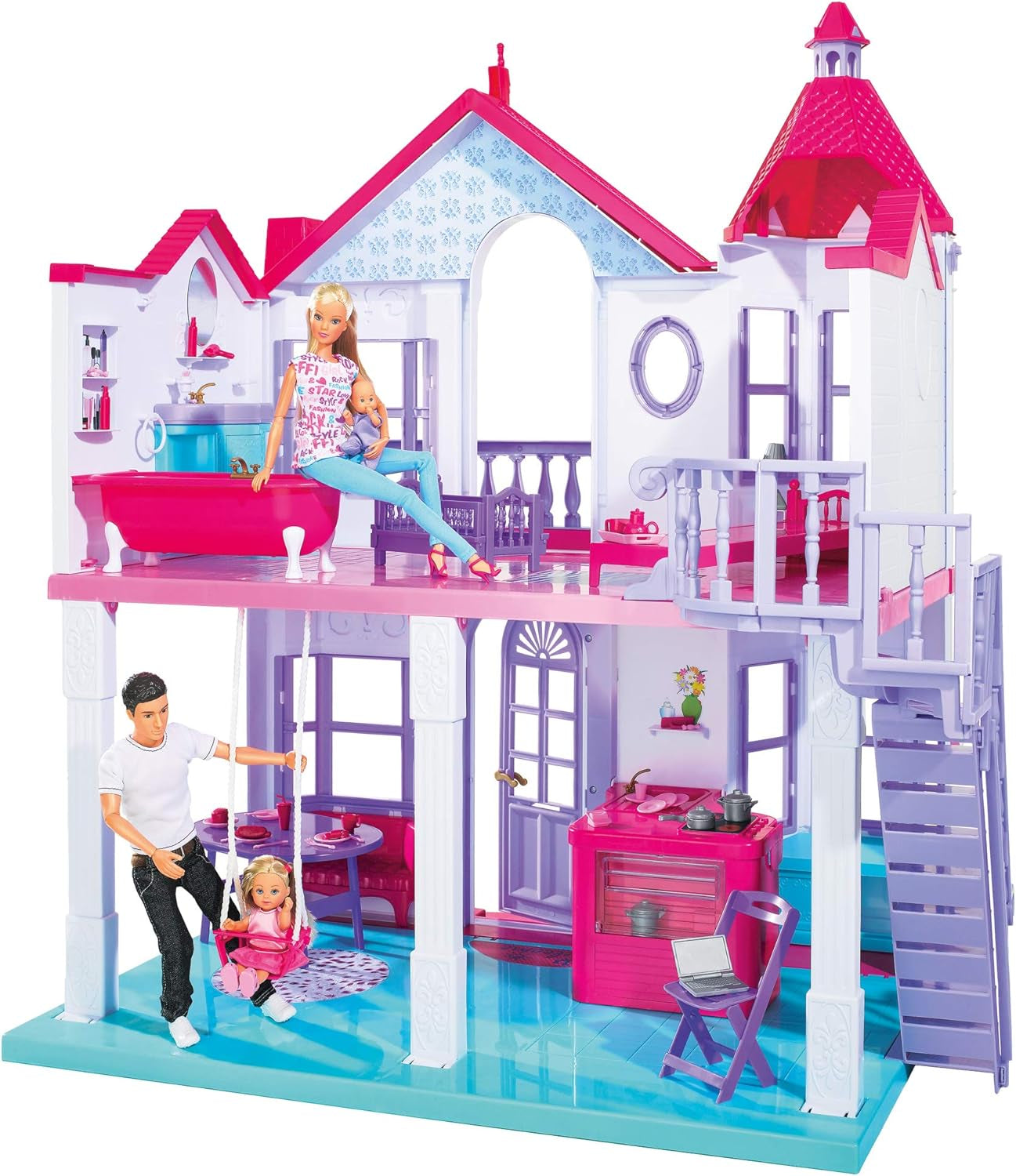 Simba 104661996 - Steffi Love Dreamhouse, Casă de joacă mare, 4 camere, FĂRĂ PUPPETS, 84cm înălțime, Două etaje, Clopoțel funcțional, Pliabil Casute de papusi Naty Shop Titlu implicit